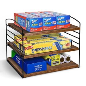 adjustable wrap organizer rack, foil and plastic wrap organizer, cabinet organizer and storage, kitchen pantry organization and storage shelving, under sink organizer for plastic bags, wraps, snacks