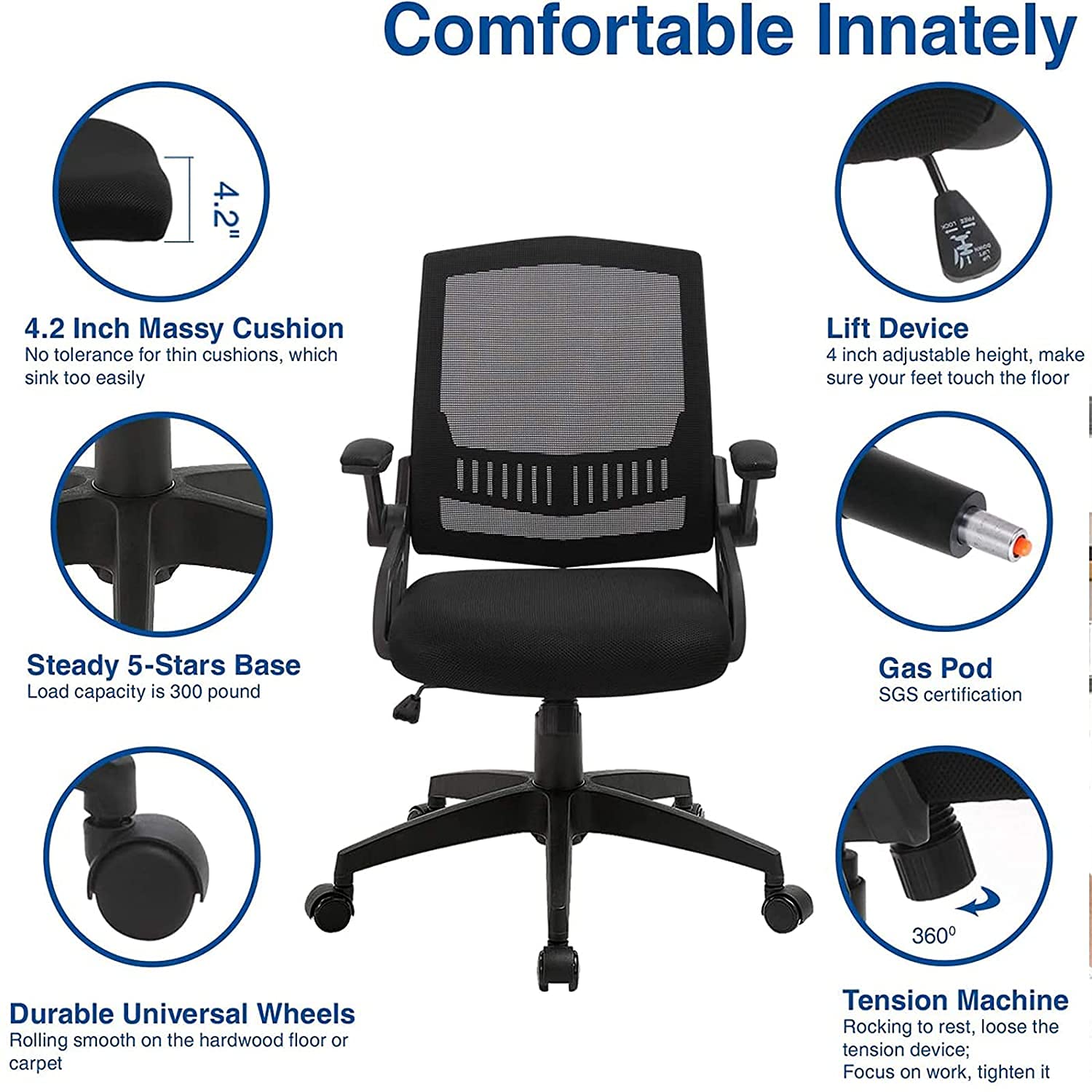 Office Chair, Ergonomic Office Desk Chair, Mesh Task Computer Chair with 90° Flip-up Arms, Lumbar Support and Height Adjustable & Thick Cushion, Black