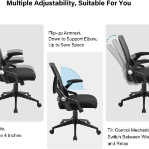 Office Chair, Ergonomic Office Desk Chair, Mesh Task Computer Chair with 90° Flip-up Arms, Lumbar Support and Height Adjustable & Thick Cushion, Black