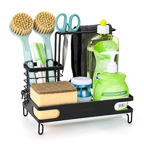 Newruiheng Kitchen Sink Organizer Caddy, Sponge Holder for Kitchen Sink with Drain Pan Tray, Stainless Steel Rust-Proof Brush Basket Shelf Kitchen Organization Rack for Soap, Brush, Dishcloth (Black)