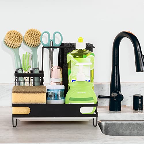 Newruiheng Kitchen Sink Organizer Caddy, Sponge Holder for Kitchen Sink with Drain Pan Tray, Stainless Steel Rust-Proof Brush Basket Shelf Kitchen Organization Rack for Soap, Brush, Dishcloth (Black)