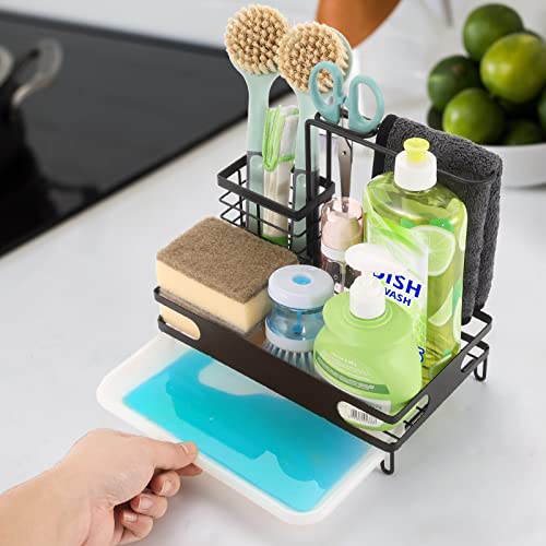 Newruiheng Kitchen Sink Organizer Caddy, Sponge Holder for Kitchen Sink with Drain Pan Tray, Stainless Steel Rust-Proof Brush Basket Shelf Kitchen Organization Rack for Soap, Brush, Dishcloth (Black)