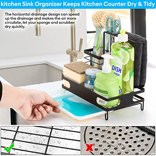 Newruiheng Kitchen Sink Organizer Caddy, Sponge Holder for Kitchen Sink with Drain Pan Tray, Stainless Steel Rust-Proof Brush Basket Shelf Kitchen Organization Rack for Soap, Brush, Dishcloth (Black)