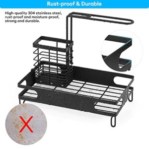 Newruiheng Kitchen Sink Organizer Caddy, Sponge Holder for Kitchen Sink with Drain Pan Tray, Stainless Steel Rust-Proof Brush Basket Shelf Kitchen Organization Rack for Soap, Brush, Dishcloth (Black)