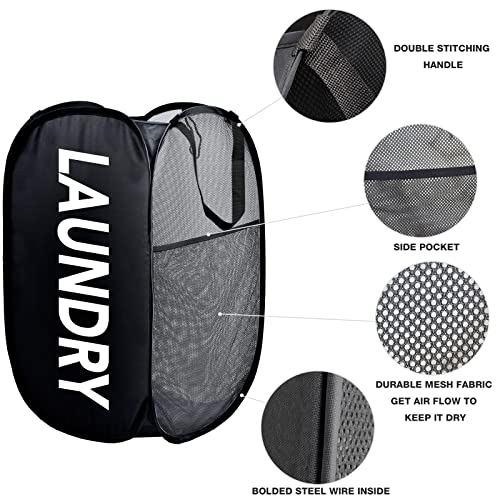 Pop-up Laundry Hamper, Foldable Pop-up Mesh Hamper Dirty Clothes Laundry Basket Collapsible for Storage and Easy to Open With Durable Handles (2, Black+Grey)