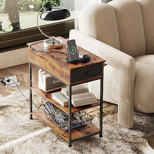 WLIVE Flip Top Side Table with Charging Station, Narrow End Table with USB Ports & Power Outlets, 3-Tier Nightstand with Storage Drawer for Living Room & Bedroom, Rustic Brown