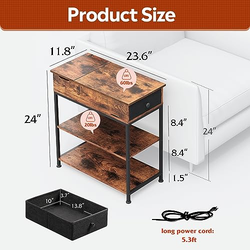 WLIVE Flip Top Side Table with Charging Station, Narrow End Table with USB Ports & Power Outlets, 3-Tier Nightstand with Storage Drawer for Living Room & Bedroom, Rustic Brown