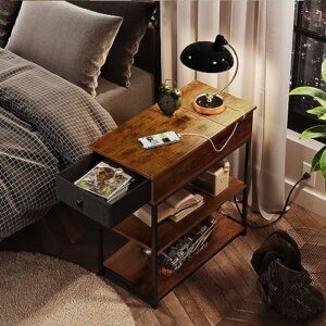 WLIVE Flip Top Side Table with Charging Station, Narrow End Table with USB Ports & Power Outlets, 3-Tier Nightstand with Storage Drawer for Living Room & Bedroom, Rustic Brown