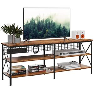 wlive tv stand for 65 70 inch tv, entertainment center with cable management, tv console with storage shelves, steel frame, wood board, for living room, rustic brown