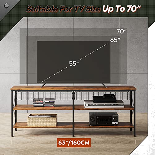 WLIVE TV Stand for 65 70 inch TV, Entertainment Center with Cable Management, TV Console with Storage Shelves, Steel Frame, Wood Board, for Living Room, Rustic Brown