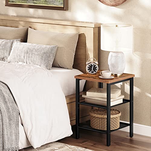 HOOBRO End Table, Nightstands Set of 2, 3-Tier Side Table with Mesh Shelves, Industrial End Table for Small Space in Living Room, Bedroom and Balcony, Stable Metal Frame, Rustic Brown BF21BZP201