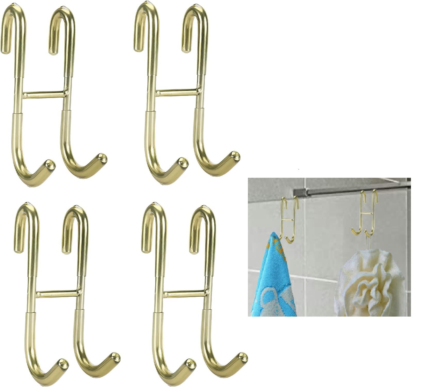 4 Pack Shower Glass Door Hook, Golden Towel Hooks for Bathroom, 304 Stainless Steel Rack Hooks Drilling-Free Hanger