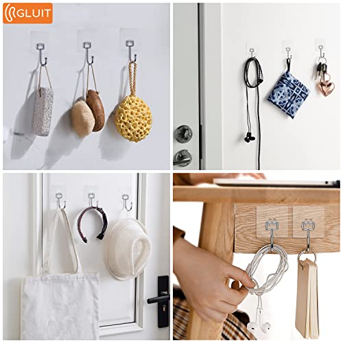 GLUIT Adhesive Hooks Medium 12 Pack and Large 6 Pack for Hanging Heavy Duty Wall Hooks 22 lbs Self Adhesive Towel Hook Waterproof Transparent Hooks for Keys Bathroom Shower Outdoor Kitchen