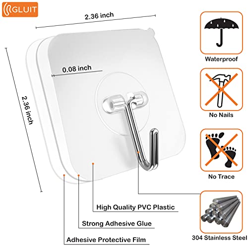 GLUIT Adhesive Hooks Medium 12 Pack and Large 6 Pack for Hanging Heavy Duty Wall Hooks 22 lbs Self Adhesive Towel Hook Waterproof Transparent Hooks for Keys Bathroom Shower Outdoor Kitchen