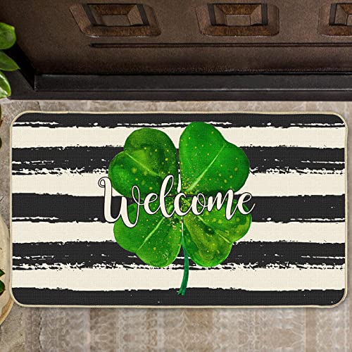 St. Patrick's Day Doormat, Watercolor Stripes Shamrock Lucky Decorative Doormat, Non Slip Seasonal Low-Profile Floor Mat Welcome Mat for Kitchen Dining Entrance Indoor Outdoor 16 x 28 Inch