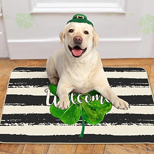 St. Patrick's Day Doormat, Watercolor Stripes Shamrock Lucky Decorative Doormat, Non Slip Seasonal Low-Profile Floor Mat Welcome Mat for Kitchen Dining Entrance Indoor Outdoor 16 x 28 Inch