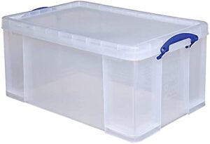 really useful boxes clear transparent plastic storage box, 64 liters features attached handles make it easy to carry (single pack)