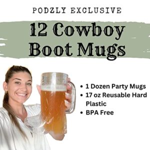 Podzly 12 Cowboy Boot Plastic Mugs - Plastic Beer Mug for Western Themed Party - Rodeo Party Decorations - Cowgirl Boot Cups for Parties - Western Party Accessories - Fun Drink Glasses, Boot Glasses