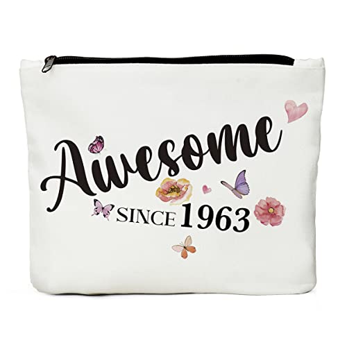 JIUWEIHU 60th Birthday Gifts for Women, 60th Birthday Decorations Present for Women - 60 Year Old Birthday Gift Ideas for Wife Mom Sisters, Friends, Coworker, BFF -Awesome Since 1963 Makeup Bag