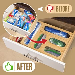 Ziplock Bag Organizer, Drawer Storage, Plastic Sandwich Baggie Holder, 5 Piece, Bamboo, Food Bags Dispenser, Zip Lock Baggy Organization Box for Gallon, Quart, Sandwiches, Freezer, Kitchen, Pantry