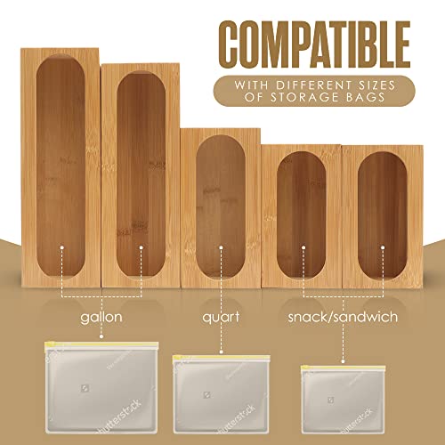 Ziplock Bag Organizer, Drawer Storage, Plastic Sandwich Baggie Holder, 5 Piece, Bamboo, Food Bags Dispenser, Zip Lock Baggy Organization Box for Gallon, Quart, Sandwiches, Freezer, Kitchen, Pantry