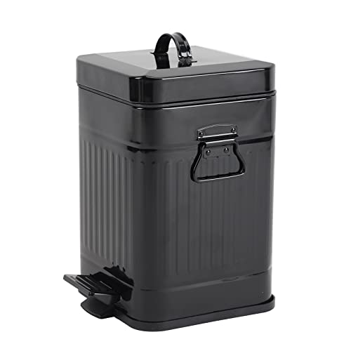 Bathroom Trash Can, Vintage Metal Garbage Bin for Kitchen, Bedroom, Living Room with Soft Close Lid, Small Farmhouse Retro Indoor Waste Basket with Foot Pedal, 1.3 Gallon/ 5 Liter, Glossy Black