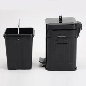 Bathroom Trash Can, Vintage Metal Garbage Bin for Kitchen, Bedroom, Living Room with Soft Close Lid, Small Farmhouse Retro Indoor Waste Basket with Foot Pedal, 1.3 Gallon/ 5 Liter, Glossy Black