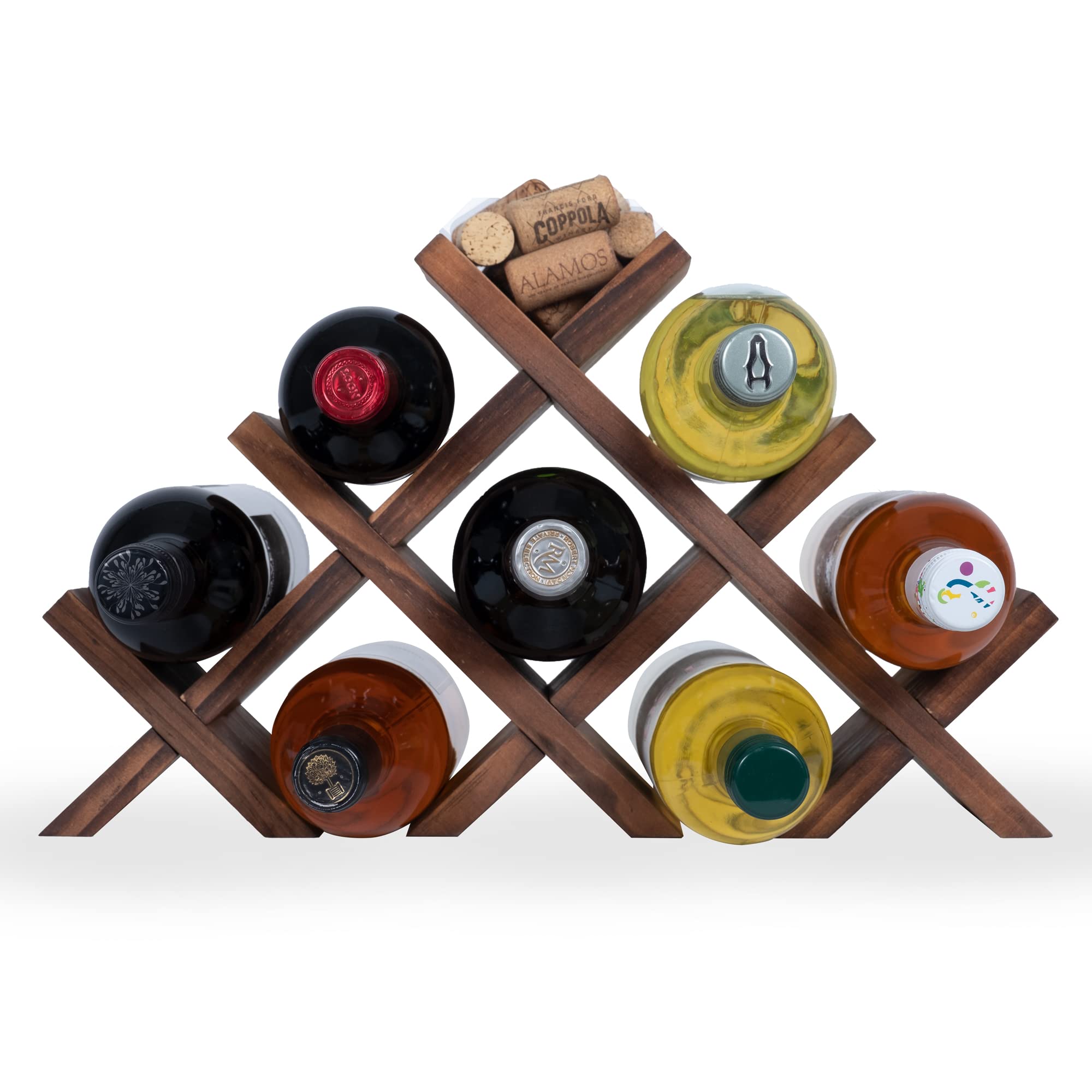 Rustic State Alella Countertop Wood Wine Rack for 8 Bottles Holder and Cork Storage Tabletop Butterfly Sleek Design Freestanding Organizer - Home, Kitchen, Dining Room Bar Décor - Walnut