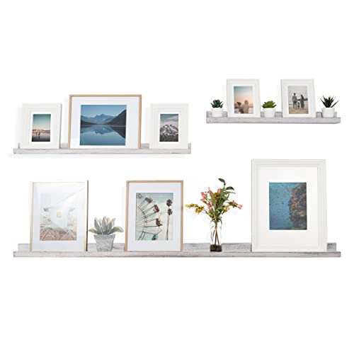 Rustic State Ted Picture Ledge - Set of 3 Floating Wall Mount Wood Shelves - Narrow Long Photo Frame Display for Living Room, Office, Kitchen, Bedroom, Bathroom Décor - Burnt White