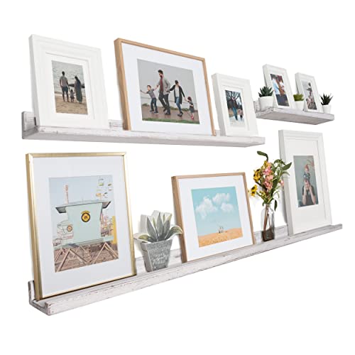 Rustic State Ted Picture Ledge - Set of 3 Floating Wall Mount Wood Shelves - Narrow Long Photo Frame Display for Living Room, Office, Kitchen, Bedroom, Bathroom Décor - Burnt White