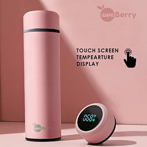 AweBerry Smart Water Bottle Tea And Coffee Thermos, Stainless Steel, 17oz (500mL) LCD Touch Screen Temperature Display (Pink)