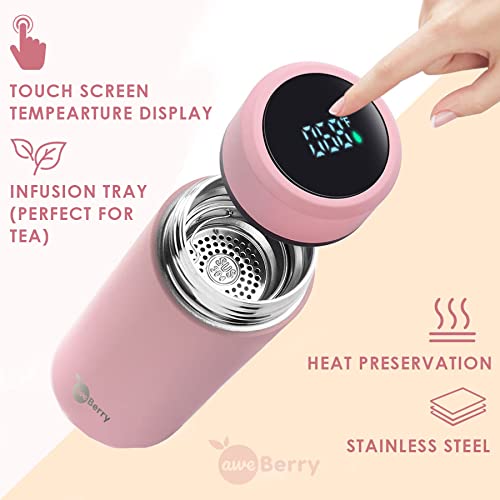 AweBerry Smart Water Bottle Tea And Coffee Thermos, Stainless Steel, 17oz (500mL) LCD Touch Screen Temperature Display (Pink)