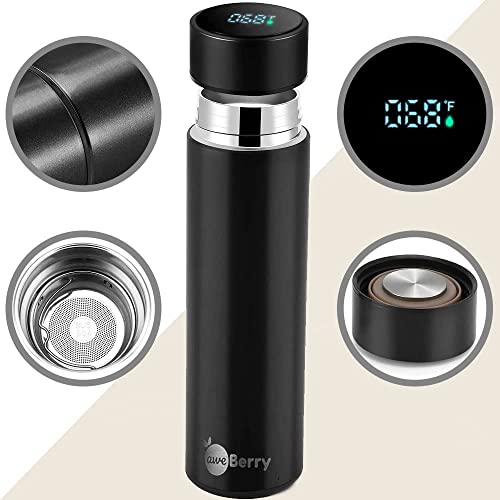 AweBerry Smart Water Bottle, Tea And Coffee Thermos, Stainless Steel, 17oz (500mL) LCD Touch Screen Temperature Display (Black)