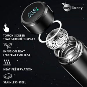 AweBerry Smart Water Bottle, Tea And Coffee Thermos, Stainless Steel, 17oz (500mL) LCD Touch Screen Temperature Display (Black)