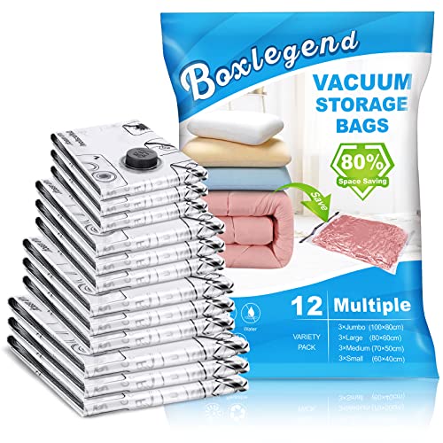 Vacuum Storage Bags 12-Pack (3 Jumbo, 3 Large, 3 Medium, 3 Small) Vacuum Sealer Bags for Bedding, Compression Space Bags for Comforters & Blankets, Space Saver Bags Clothing Storage Premium Thicker…