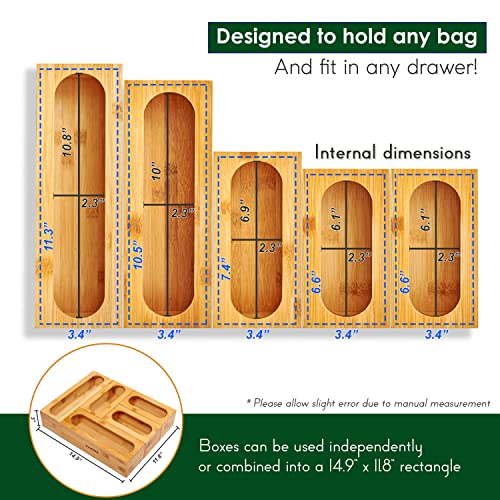 Innoez Bamboo ZipLock Bag Organizer for Drawer - 5pcs Plastic Bag Organizer Made by Vietnamese Traditional Craft Villagers with 100% Luong Bamboo