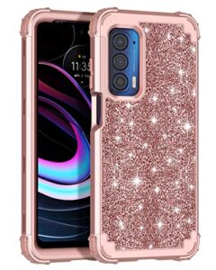 lontect moto edge 2021 case, 5g uw sparkly glitter shockproof hybrid protective cover - shiny rose gold