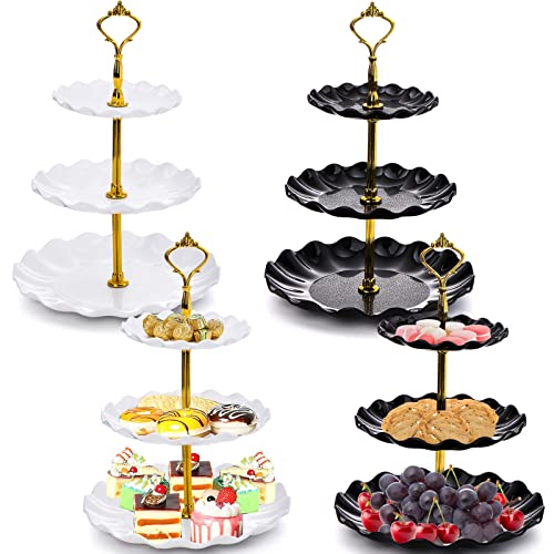 DEAYOU 4 Pack 3-Tier Cupcake Dessert Stand, Plastic Tiered Cake Stand Display Tower, Pastry Serving Tray Platter Rack Holder for Buffet, Cookie, Party, Wedding, Home Decor, White Gold, Black Gold