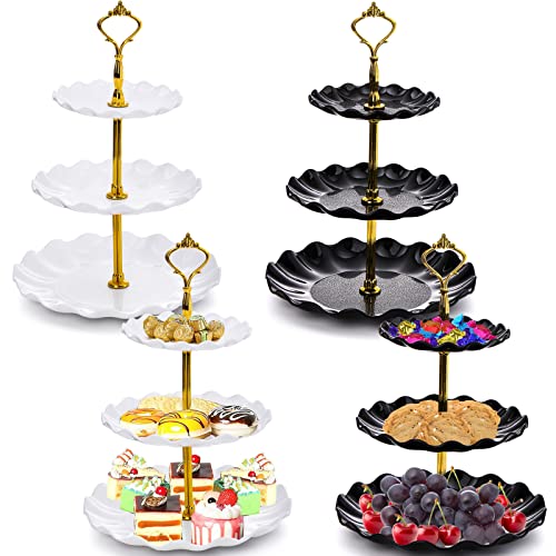 DEAYOU 4 Pack 3-Tier Cupcake Dessert Stand, Plastic Tiered Cake Stand Display Tower, Pastry Serving Tray Platter Rack Holder for Buffet, Cookie, Party, Wedding, Home Decor, White Gold, Black Gold