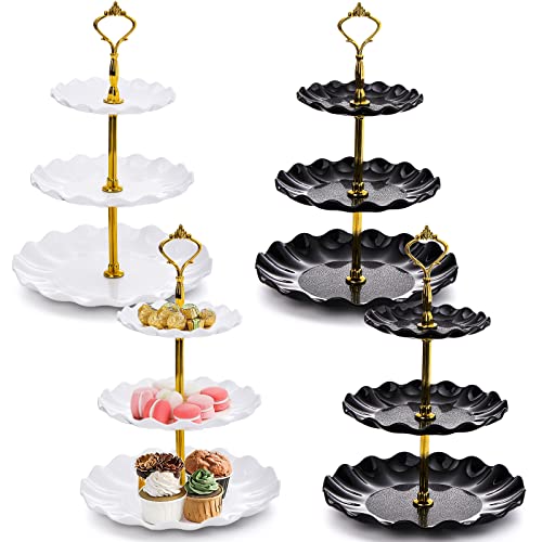 DEAYOU 4 Pack 3-Tier Cupcake Dessert Stand, Plastic Tiered Cake Stand Display Tower, Pastry Serving Tray Platter Rack Holder for Buffet, Cookie, Party, Wedding, Home Decor, White Gold, Black Gold