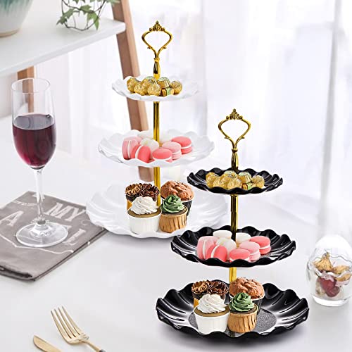 DEAYOU 4 Pack 3-Tier Cupcake Dessert Stand, Plastic Tiered Cake Stand Display Tower, Pastry Serving Tray Platter Rack Holder for Buffet, Cookie, Party, Wedding, Home Decor, White Gold, Black Gold