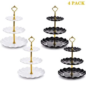 DEAYOU 4 Pack 3-Tier Cupcake Dessert Stand, Plastic Tiered Cake Stand Display Tower, Pastry Serving Tray Platter Rack Holder for Buffet, Cookie, Party, Wedding, Home Decor, White Gold, Black Gold