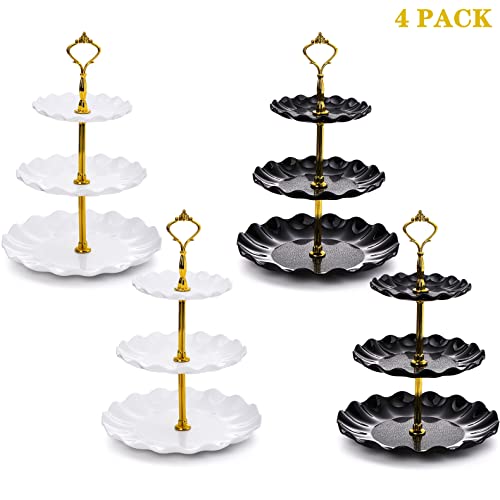 DEAYOU 4 Pack 3-Tier Cupcake Dessert Stand, Plastic Tiered Cake Stand Display Tower, Pastry Serving Tray Platter Rack Holder for Buffet, Cookie, Party, Wedding, Home Decor, White Gold, Black Gold