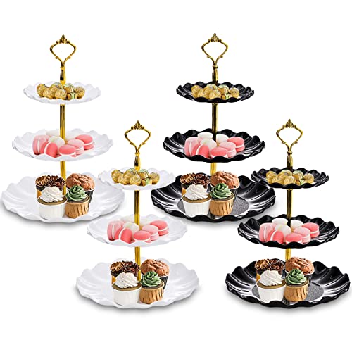 DEAYOU 4 Pack 3-Tier Cupcake Dessert Stand, Plastic Tiered Cake Stand Display Tower, Pastry Serving Tray Platter Rack Holder for Buffet, Cookie, Party, Wedding, Home Decor, White Gold, Black Gold