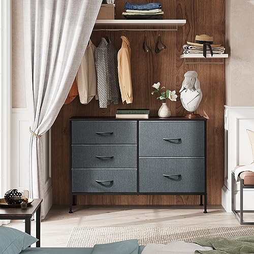 WLIVE Dresser for Bedroom with 5 Drawers, Wide Bedroom Dresser with Drawer Organizers, Chest of Drawers, Fabric Dresser for Living Room, Closet, Hallway, Nursery, Dark Grey