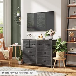 WLIVE Dresser for Bedroom with 8 Drawers, Wide Fabric Storage and Organization, Dresser, Chest of Drawers Living Room, Closet, Hallway, Nursery, Charcoal Black Wood Grain Print