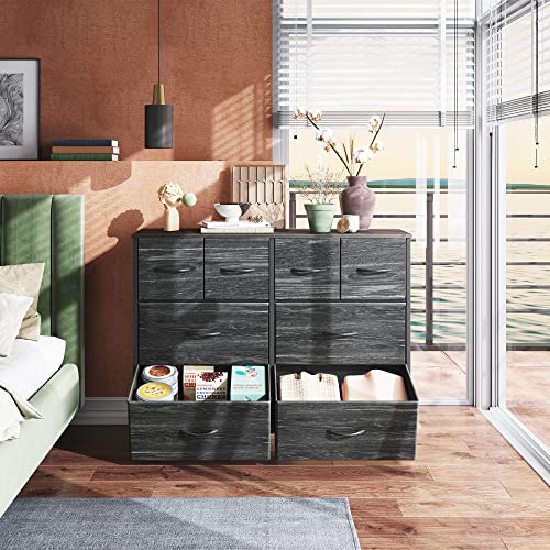 WLIVE Dresser for Bedroom with 8 Drawers, Wide Fabric Storage and Organization, Dresser, Chest of Drawers Living Room, Closet, Hallway, Nursery, Charcoal Black Wood Grain Print