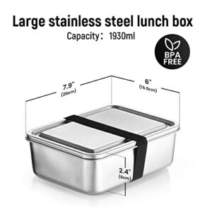 Doxbom Stainless Steel Bento Box, 1930ml Large Metal Lunch Container with Leak Proof & Mobile Divider, 304 Stainless Steel Snack Food Containers Metal Bento Box for Adults, Dishwasher Safe