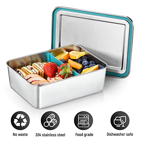 Doxbom Stainless Steel Bento Box, 1930ml Large Metal Lunch Container with Leak Proof & Mobile Divider, 304 Stainless Steel Snack Food Containers Metal Bento Box for Adults, Dishwasher Safe