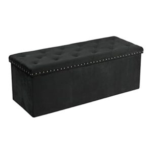 pinplus black storage ottoman bench with benches foot rest stool, large long folding velvet toy shoes chest for bedroom, living room, 43.3"x15.7"x15.7"